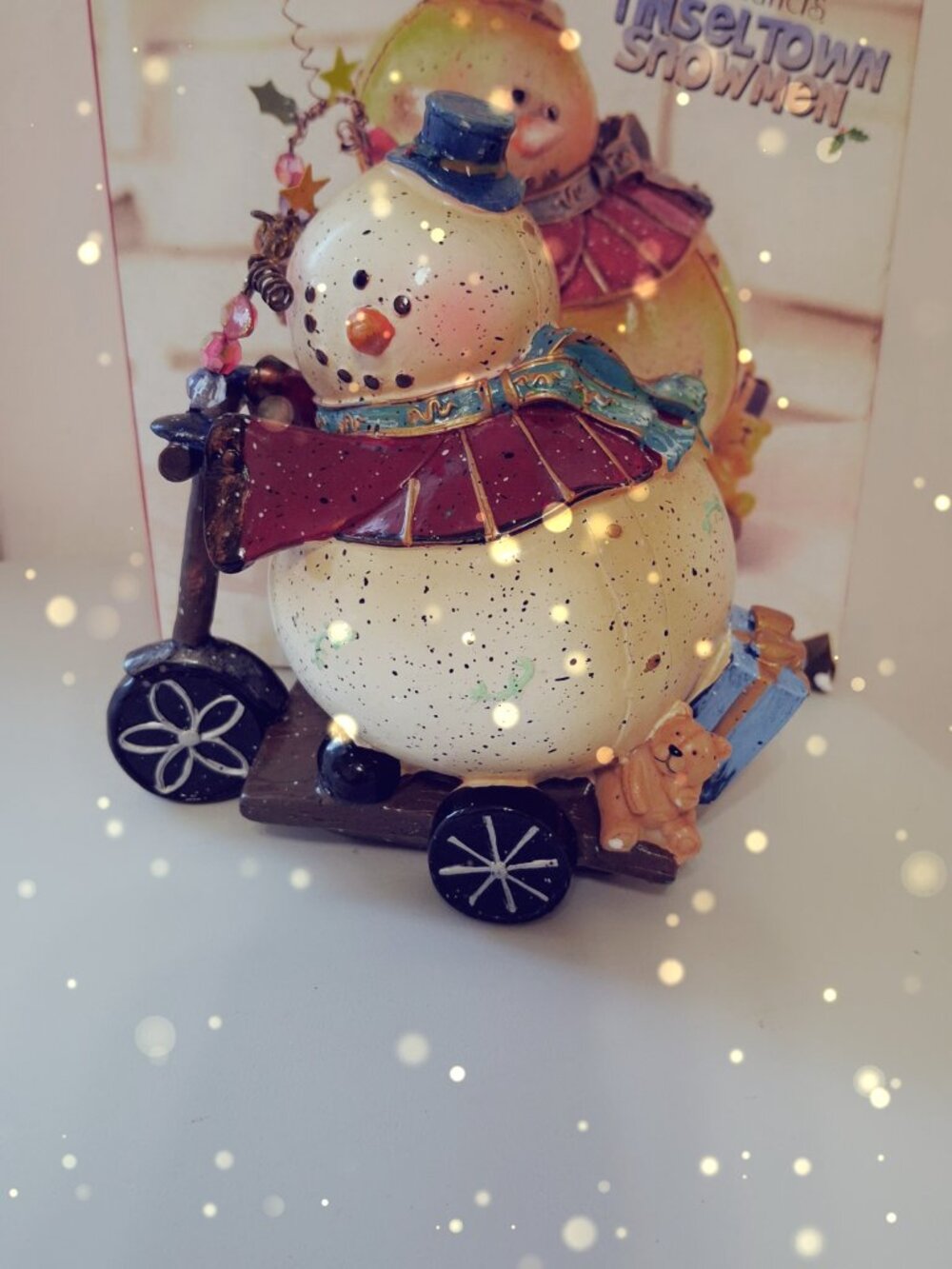 Kirklands "Tinseltown" Snowman Scooter Figurine NWOB Whimsical Folkart Rustic